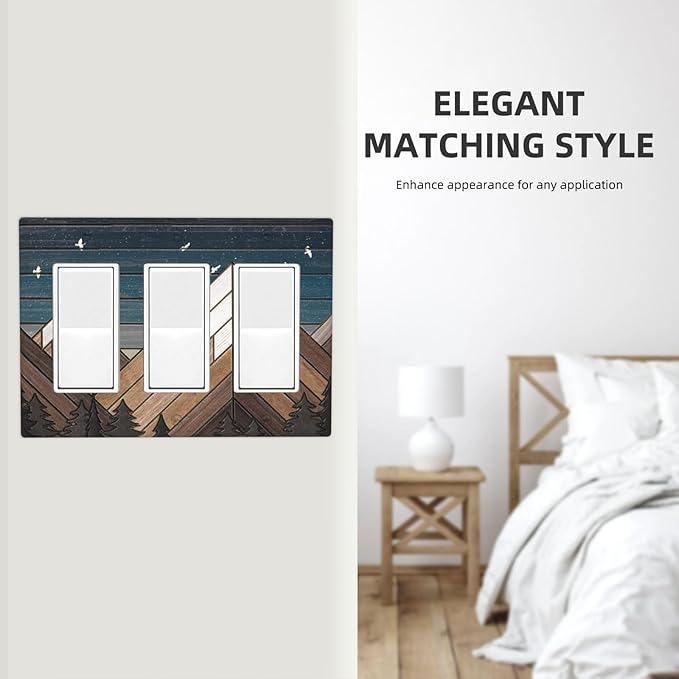 Rustic Geometric Mountain Wilderness Wood 3 Gang Wall Plate Triple Rocker Light Switch Cover Decorative Switch Plates Outlet Covers Electrical GFCI Faceplate for Bathroom Kitchen Art Decor Accessories