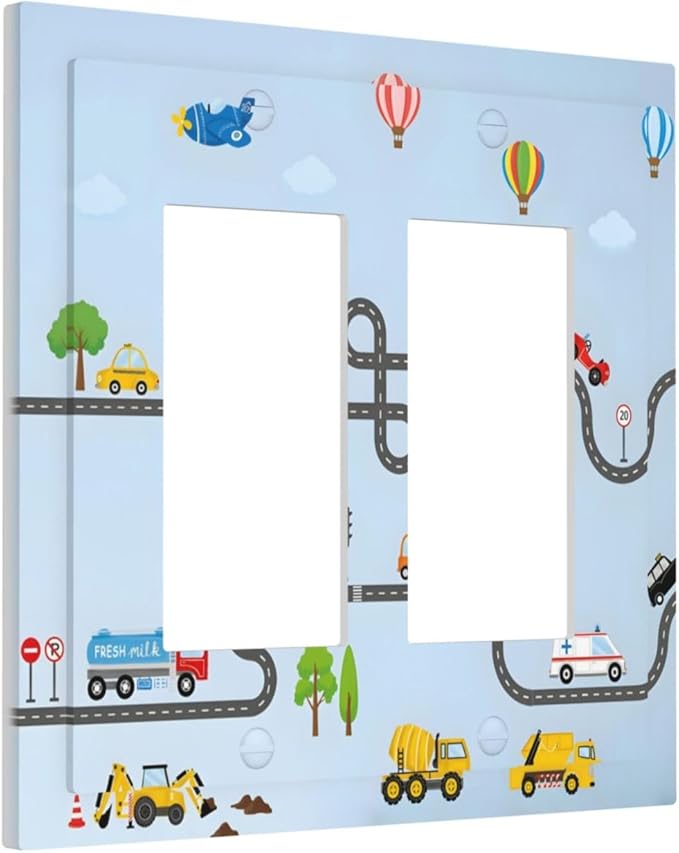 Road Construction Car Truck Hot Air Balloon Decorative Outlet Covers 2 Gang Double GFCI Rocker Electrical Wall Panels Light Switch Cover Plate for Nursery Kids Room Decor
