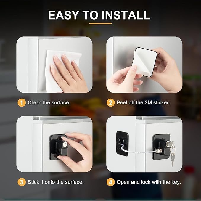 Fridge Lock, 2PCS Upgraded Refrigerator Lock for Freezer, Cabinets and Drawers, Air Fryer, Closets, Windows, Doors, Durable ABS with Adhesive Backing, Easy Install, No Tools Needed, Black & White