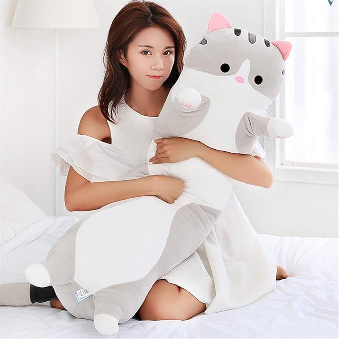 shangman Lovely Plush Cat Doll Cute Cartoon Soft Stuffed Kitten Pillow Long Throw Sleeping Pillow Doll Toy Gift for Kids Girlfriend Multiple Size (Grey,150cm/59in)