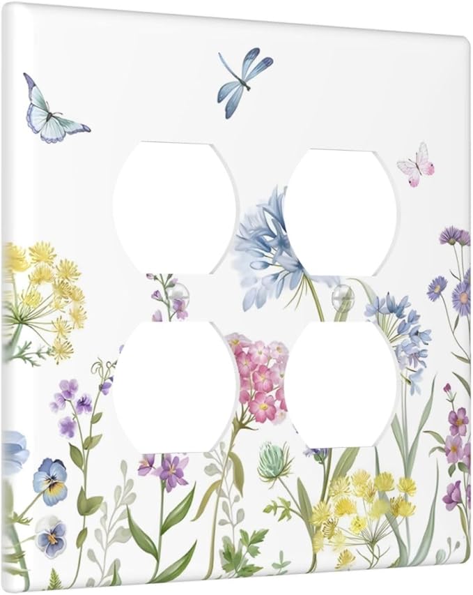 Colorful Wildflowers Dragonfly Lavender Butterfly Insect Outlet Covers 2 Gang Double Duplex Decorative Light Switch Covers Electrical Wallplates Socket Faceplate for Bedroom Living Room Decor