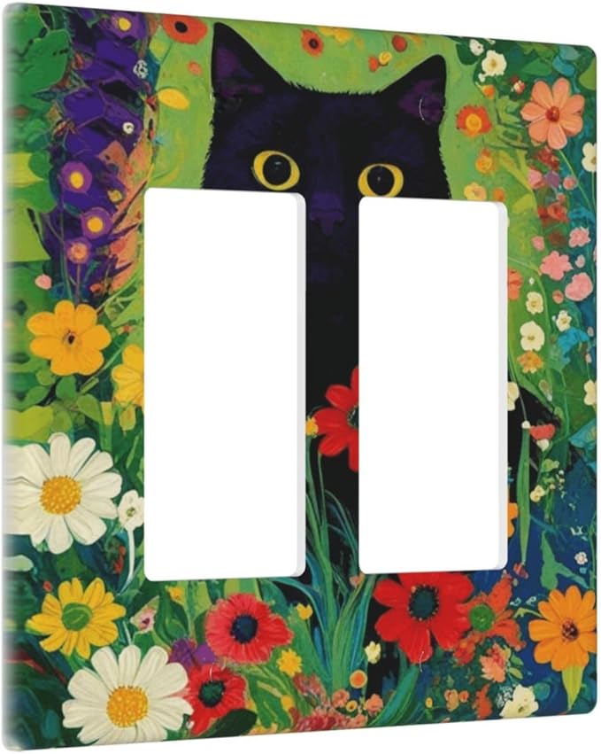 Decorative Art Light Switch Covers BlackCat&Flowers Walk 2 Gang Dual Rocker Outlet Switch plate Faceplate GFCI for Home Decor