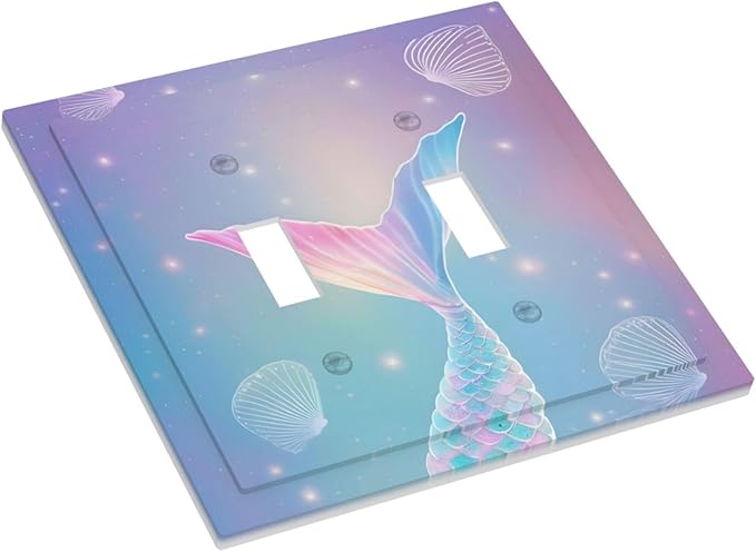 Cute Mermaid Pink Tail Scales Shells Colorful Ocean Decorative Switch Plates 2 Gang Double Toggle Outlet Light Switch Cover Wall Plate Electrical Faceplate for Kids Room Nursery Decor