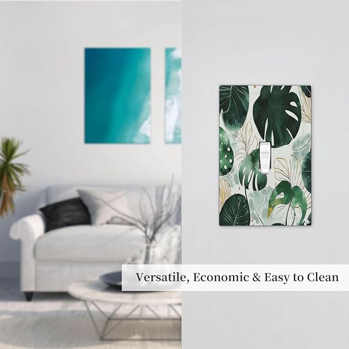 Boho Tropical Green Leaf Watercolor Banana Leaves Decorative Light Switch Cover 1 Gang Single Toggle Device Electrical Faceplate Switchplates Decorator Outlet Wall Plate For Bed Room Living Room Decor