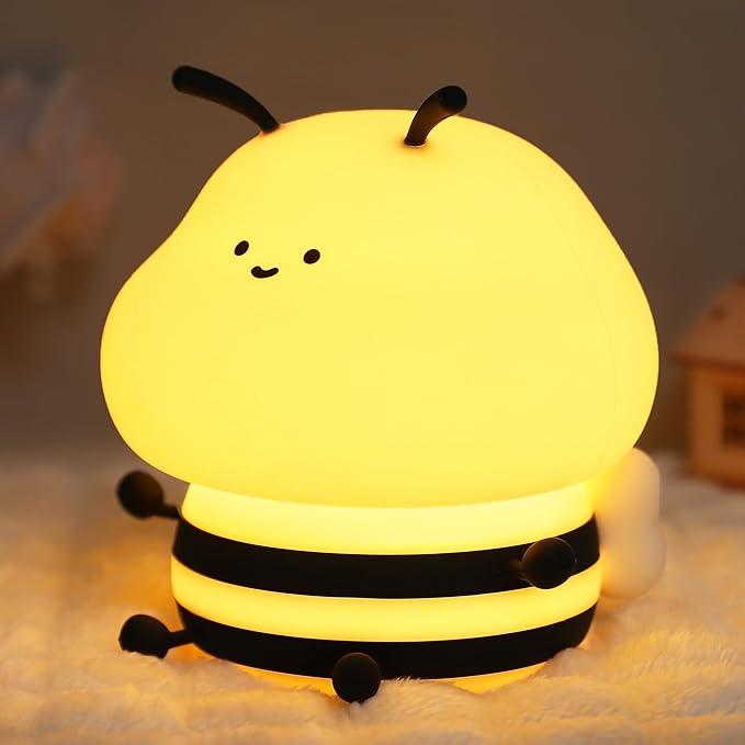 YuanDian Cute Bee Night Light for Kids, Nursery Night Lamp Kawaii Animal Bedside Nightlight with 7 Colors 3 Levels Dimmable Tap Control Rechargeable Nightlights