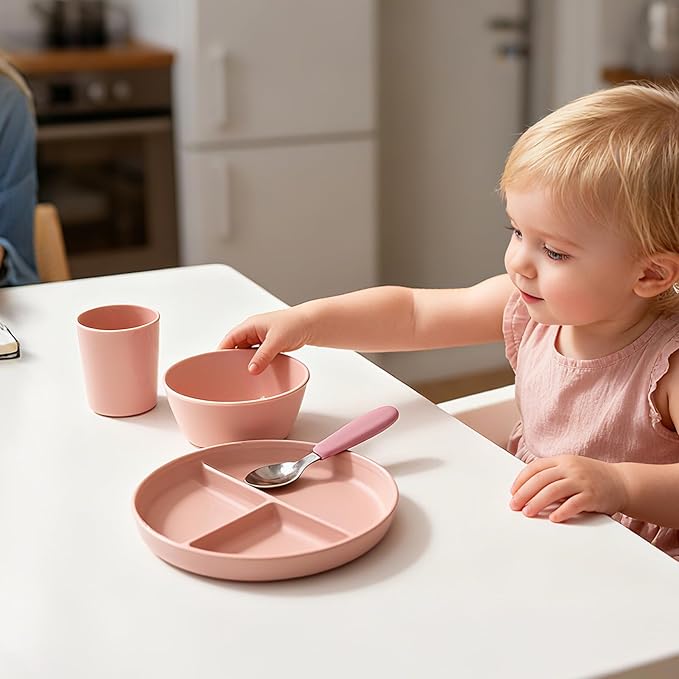 Complete tableware set, 6 pieces, water cups, dinner plates, divided dinner plates, bowls, spoons, and forks. (pink)