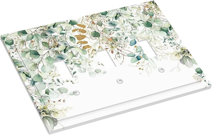 Gold Green Eucalyptus Leaves Plants Flowers Floral Decorative Switch Plates 3 Gang Wall Plate Triple Toggle Light Switch Cover Faceplate Electrical Wall Panels for Bedroom Living Room Decor