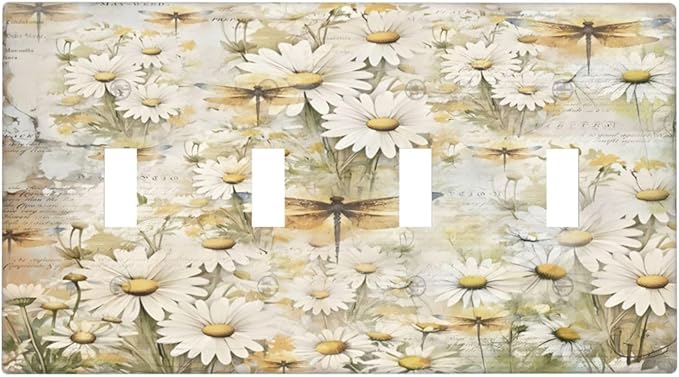 Vintage Letter Paper Wildflowers Dragonfly Daisy Floral Light Switch Covers Quad Toggle Electrical Faceplate 4 Gang Wall Plate Decorative Switch Plates Cover for Farmhouse Bedroom Decor