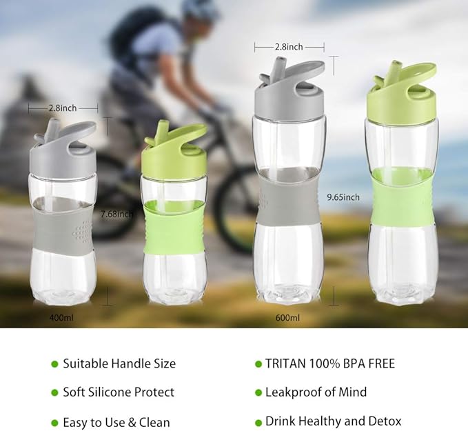Sivaphe Clear Water Bottle with Straw 12 oz Portable Tritan Transparent Sports Drinking Bottle for School Girls Boys Green