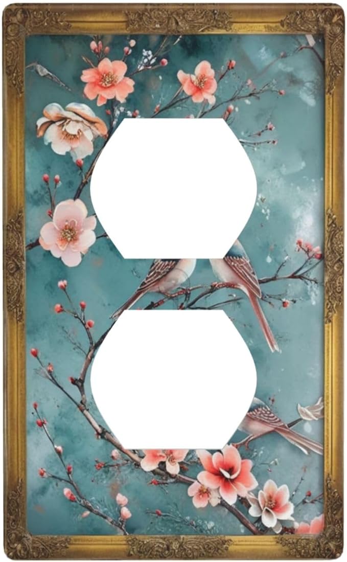 Decorative Art Light Switch Covers Vintage Chinoiserie Oriental - Teal Birds and Floral Branch 1 Gang Single Duplex Outlet Wall Plate Switchplate Electrical Faceplate for Home Decor