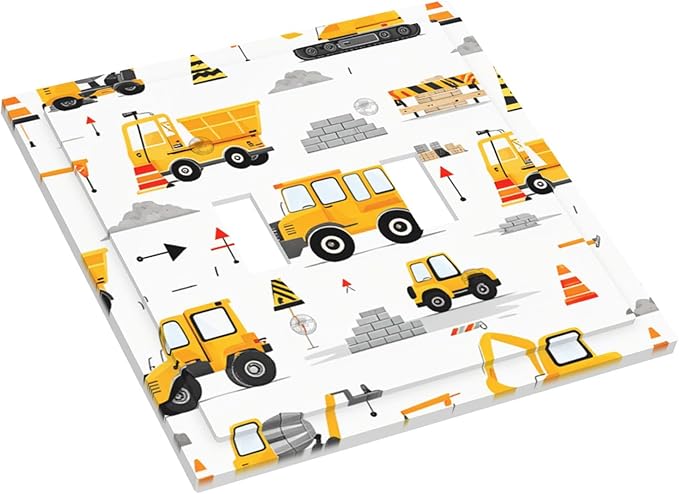 Construction Vehicles & Trucks Pattern Double Toggle Switch Cover - 2-Gang Standard US Size Little Builder's Dream Light Switch Covers for Boy's Bedroom Decor