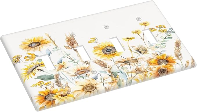 Yellow Floral Sunflowers Wheat Ears Watercolor Wild Flowers Light Switch Covers Quad Toggle Electrical Faceplate 4 Gang Wall Plate Decorative Switch Plates Cover for Bedroom Living Room Decor