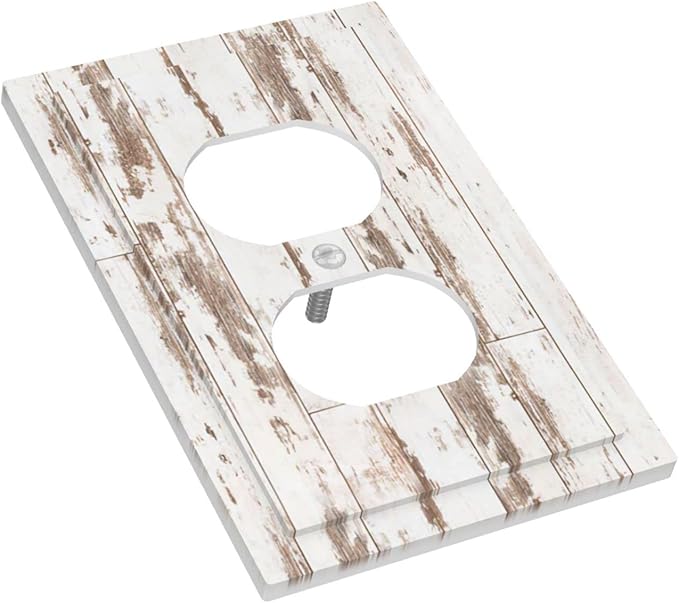 Rustic Country White Brown Wood 1 Gang Outlet Covers Duplex Receptacle Device Plug Socket Wall Plate Decorative Electrical Faceplate Switchplates Cabin Barn Old Fashion Retro Style Bedroom Decorate