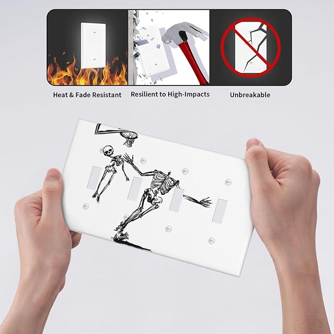 Light Switch Covers Skeleton Basketball Funny Skull Stick Figure Quad Toggle Electrical Faceplate 4 Gang Wall Plate Decorative Switch Plates For Home Office Decor