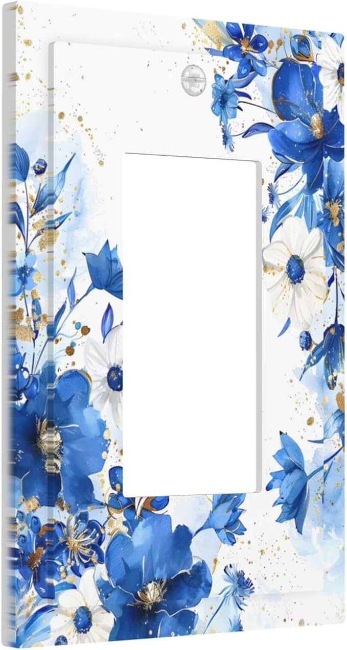 Klein Blue Flowers Watercolor Golden White Floral Decorative Outlet Covers 1 Gang Single Rocker Light Switch Cover Plate Wall Plates GFCI Faceplate for Bedroom Living Room Decor