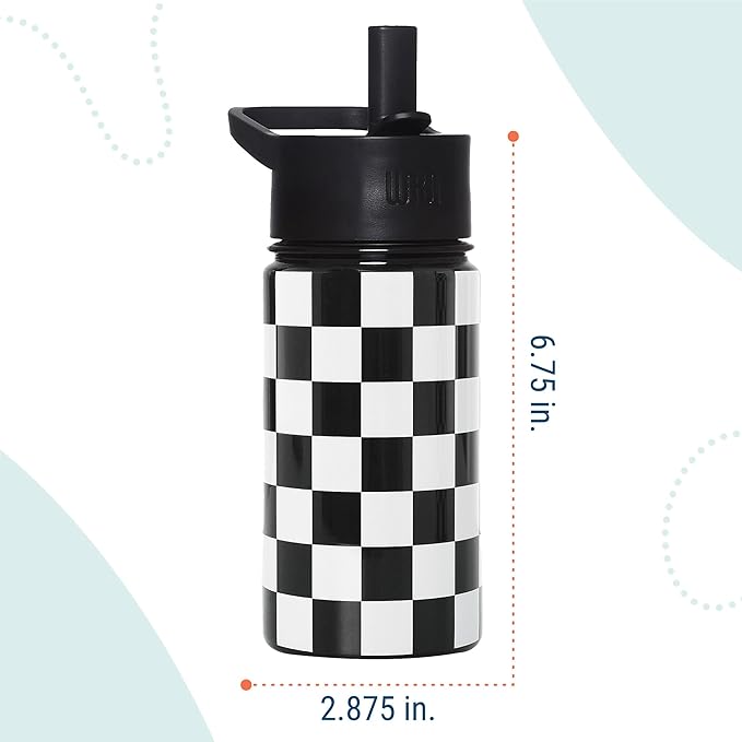 Wildkin Kids 14oz Stainless Steel Water Bottle – BPA-Free, Leakproof, Insulated, Easy-Clean - Black and White Checkered