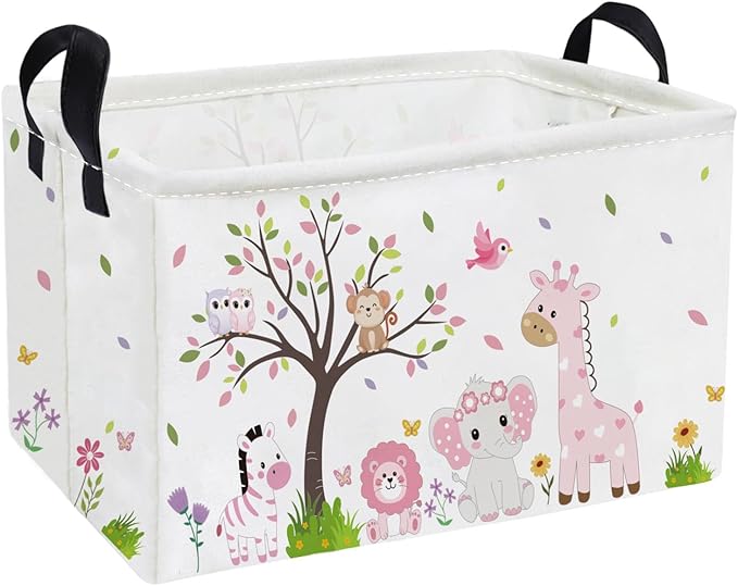 Essme Rectangular Animal Baskets,Pink Storage Basket with Handles for Girls Room Decor,Cute Storage Bin（Pink animal）