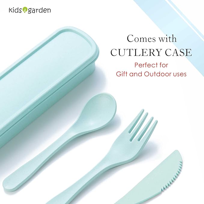 Kids garden Car Plate 8Pcs/Set Bamboo Children Dinnerware Sets - Dishwasher/Microwave Safe Includes Cutlery, Beautiful Plate, Separable Bowls & Cup Happy MealTime, Light Green, YK-001