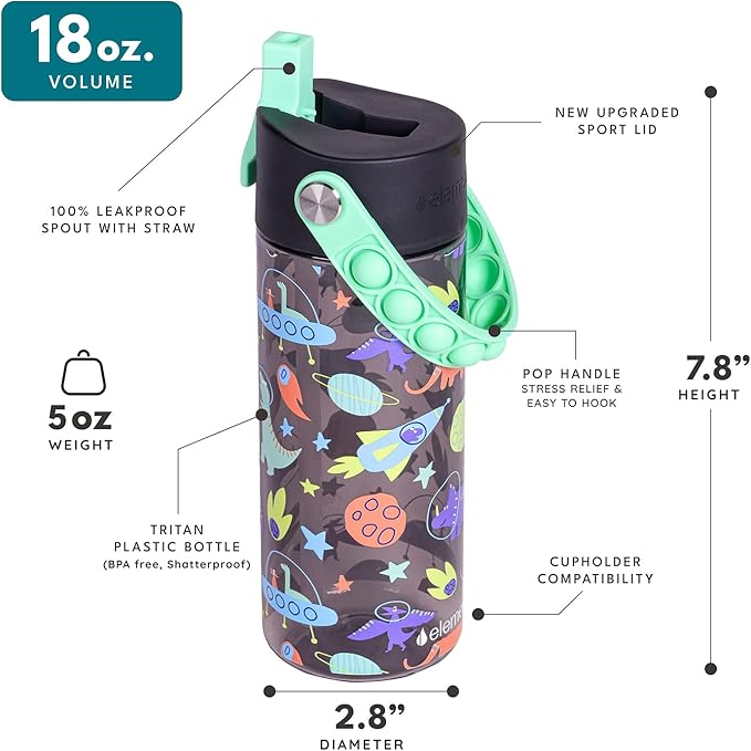 Elemental Water Bottles for Kids - Splash Kids Water Bottle for School with Pop-it Handle - BPA Free Tritan Plastic Water Bottle with Straw Leak Proof when Spout is Closed - Space Dinosaur - 18oz