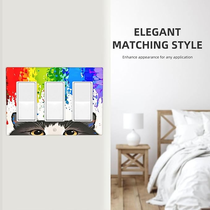 Cat Rainbow Triple Rocker Wall Plate Decorative 3 Gang Light Switch Covers Electrical Switchplate Home Decorate Faceplat for Bathroom Bedroom Kitchen Room 4.5 x 6.38 Inch