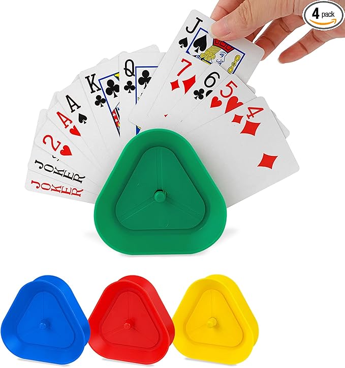 ZUFECY 4-Pack Triangular Card Holders, Small Lightweight ABS Holders for Kids and Seniors, 4 Colors with Push-Button Design for Poker Parties, School and Family Card Games