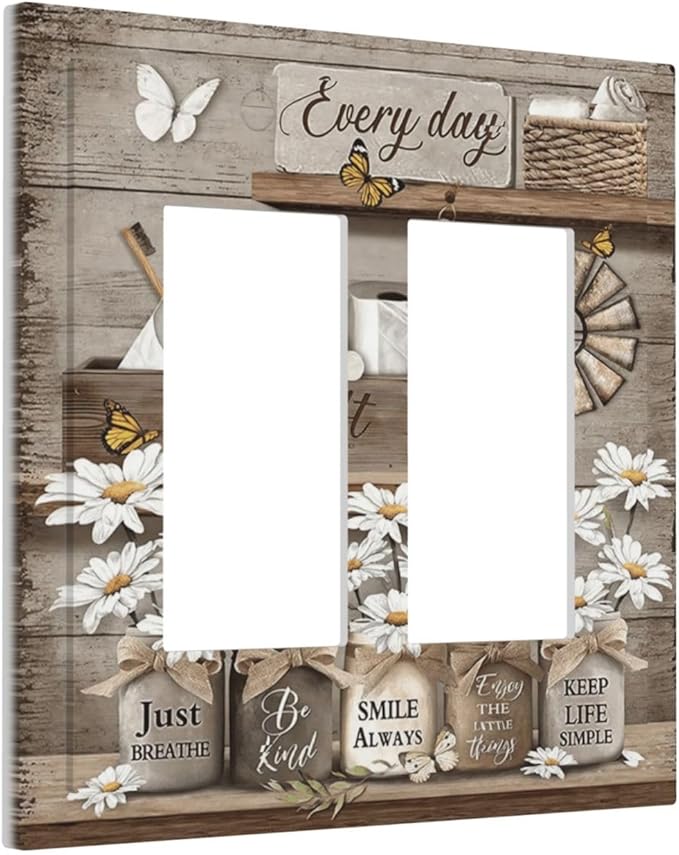 Rustic Daisy Flower Butterfly Inspirational Cottage Decorative Outlet Covers 2 Gang Double GFCI Rocker Electrical Wall Panels Light Switch Cover Plate for Farmhouse Bedroom Decor