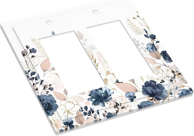 Blue Flora Boho Vintage Flower Golden Leaves Decorative Outlet Covers 2 Gang Double GFCI Rocker Electrical Wall Panels Light Switch Cover Plate for Bedroom Living Room Decor