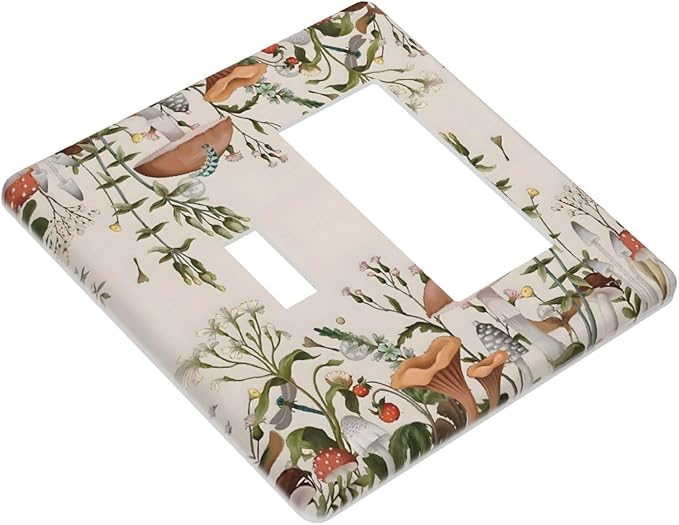 Boho Mushroom Forest Plants Wildflowers Insects Outlet Covers 1 Toggle 1 Rocker Combination Decorative Wall Plate Electrical Switch Plates Light Switch Cover Plate for Kids Room Home Decor