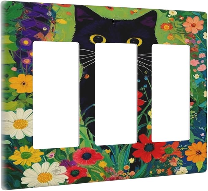 Decorative Art Light Switch Covers BlackCat&Flowers 3 Gang Triple Rocker Outlet Switch plate GFCI Faceplate GFCI for Home Decor