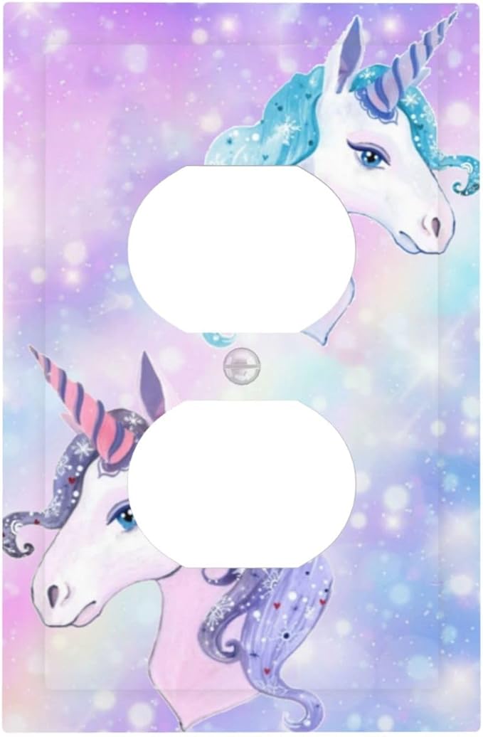 Purple/Blue Rainbow Unicorn 1 Gang Duplex Wall Plate Receptacle Outlet Covers Fantasy Cute Kawaii Kid Girl Star Cartoon Fairy Decorative Electrical Dual Device Light Switch Plug Socket Faceplate Cover