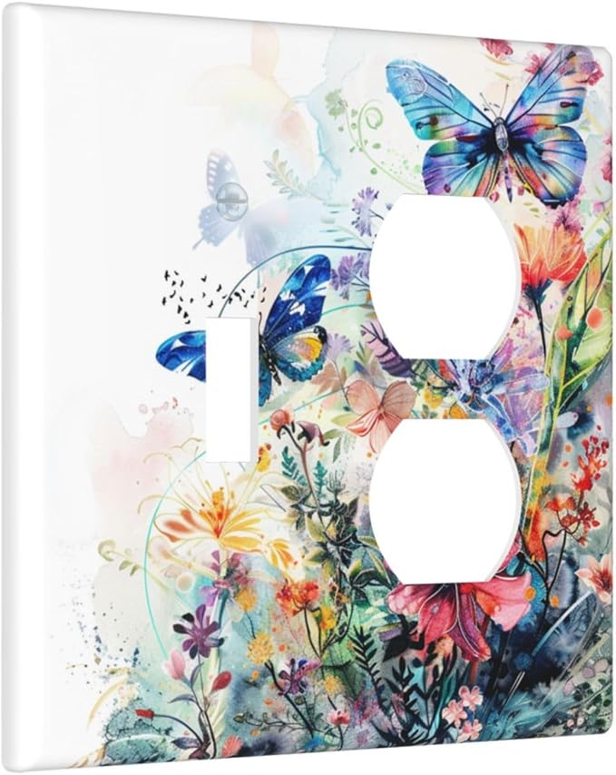 Light Switch Cover Plate Watercolor Colorful Floral Butterflies Wildflowers 2 Gang Decorative Switch Plates 1 Toggle Duplex Combo Outlet Covers GFCI Wall Plates for Bathroom Bedroom Decor