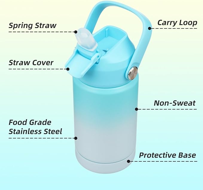 Konokyo Insulated Water Bottle with Straw Lid,12 oz Stainless Steel Vacuum Metal Bottle with Silicone Handle,Sea Salt