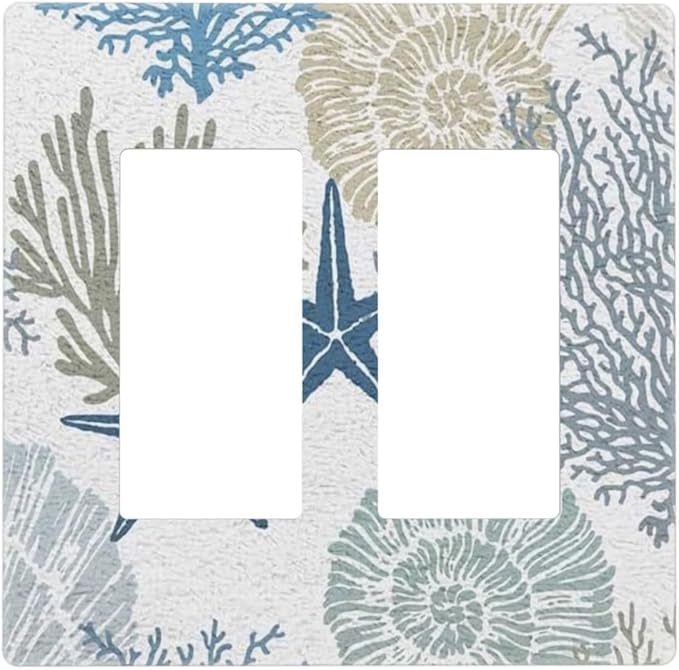 Nautical Teal Blue Beach Coastal Ocean Starfish Coral Seashell Conch 2 Gang Double Decorator/GFCI Wall Plate Rocker Outlet Light Switch Decorative Two Dual Device Receptacle Face Plate Cover Screwless