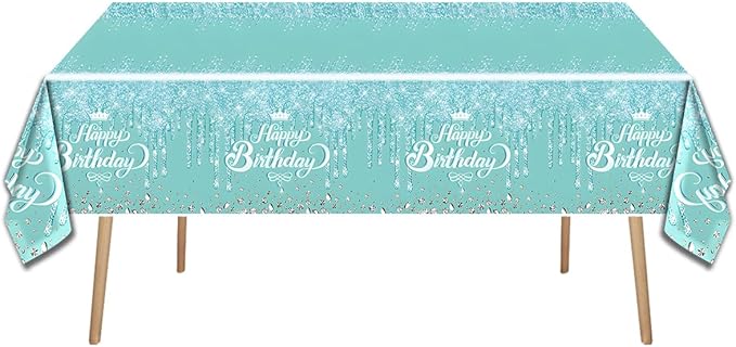 Teal and Silver Tableware set, Blue Happy Birthday Theme 20 Plates and 20 Napkins and Tablecloths 71 '' x 42 '' for Girls Women Silver Glitter Birthday Party Supplies