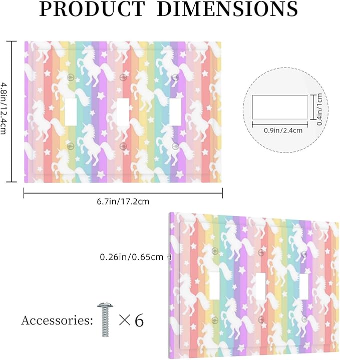 Colorful Cartoon Stars Girly Pink Purple Rainbow Unicorn Theme 3 Gang Triple Toggle Decorator Outlet Light Switch Cover Fantasy Girl Kid Play Bedroom Decorative Switch Face Wall Plates