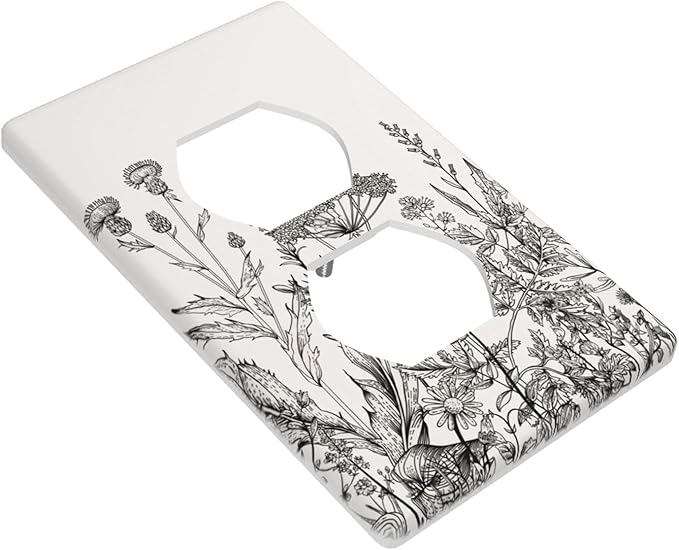 1-Gang Duplex Wall Plate, Gray Vintage Floral Printed Outlet Cover, Neutral Cottage Garden Retro Wildflower Decor for Bedroom Kitchen Living Room & Sunroom