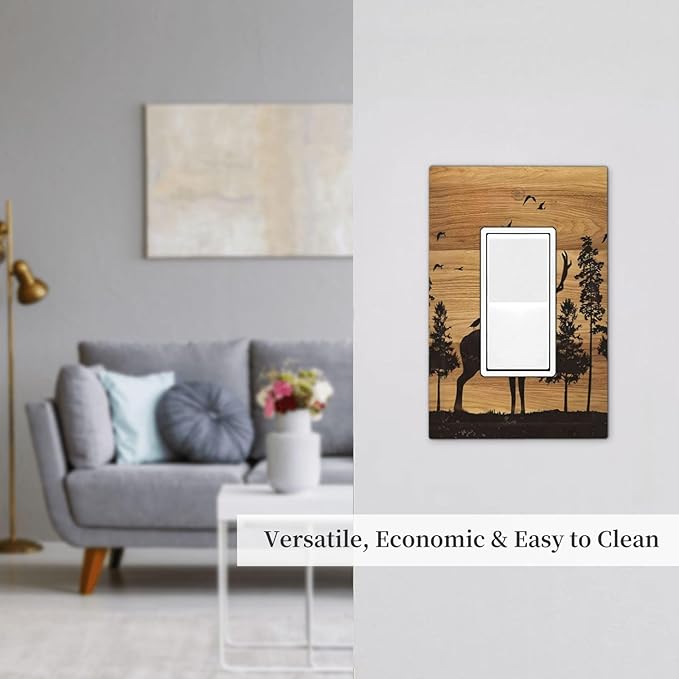 Elk Moose Forest Hunting Pyrography Art Wood Texture Print Decorative Outlet Covers 1 Gang Single Rocker Light Switch Cover Plate Wall Plates GFCI Faceplate for Farmhouse Bedroom Decor