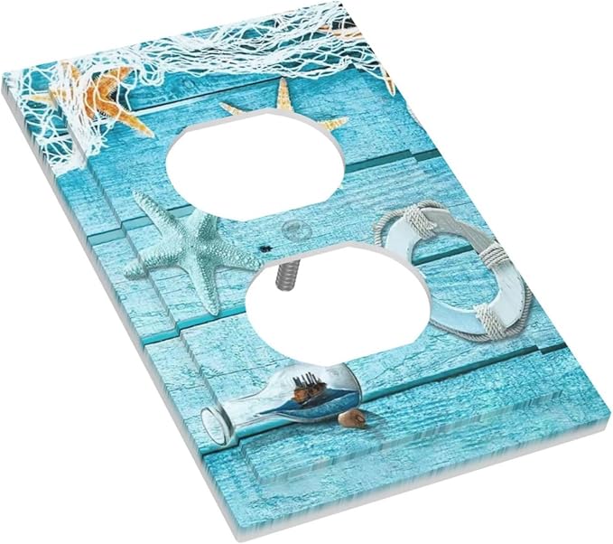 Turquoise Teal Fishing Net Wood Plank 1 Gang Outlet Plate Covers Decorative Single Duplex Wall Plate Electrical Receptacle Light Switch Cover Electric Switchplate Country Decor