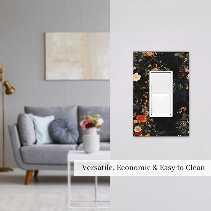Vintage Orange Pink Black Roses Floral Flower Decorative Outlet Covers 1 Gang Single Rocker Light Switch Cover Plate Wall Plates GFCI Faceplate for Farmhouse Bedroom Decor