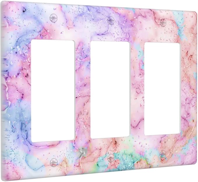 Decorative Switch Plate Covers Cute Marble Texture 3 Gang Triple Rocker Decora Light Switch Cover Pink Purple Gold Abstract Outlet Wall Plate Electrical Faceplate GFCI for Kids Girls Nursery Decor