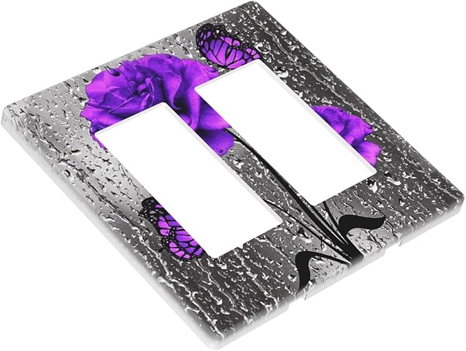 Fashion Woman Purple Grey Rose Flowers Butterfly 2 Gang Double Decorator GFCI/Rocker Wall Plate Vibrant Blossom Floral Art Electrical Outlet Decorative Receptacle Cover Light Switch for Dimmer, USB