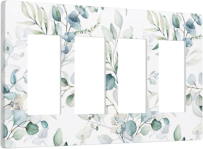 Watercolor Spring Eucalyptus Green Saga Leaves Plant Nature Botanical Floral 4 Gang Quad Device Screwless Decorator GFCI/Rocker Wall Plate Light Switch Dimmer Receptacle Outlet Cover Standard Size