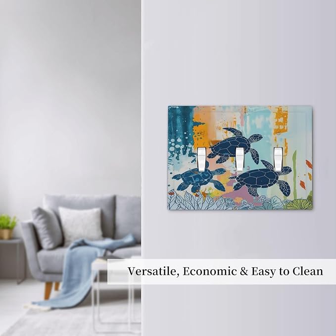 Decorative Switch Plates Colorful Ocean Sea Turtle Marine Life 3 Gang Wall Plate Triple Toggle Light Switch Cover Faceplate Electrical Wall Panels for Kids room Bedroom Decor