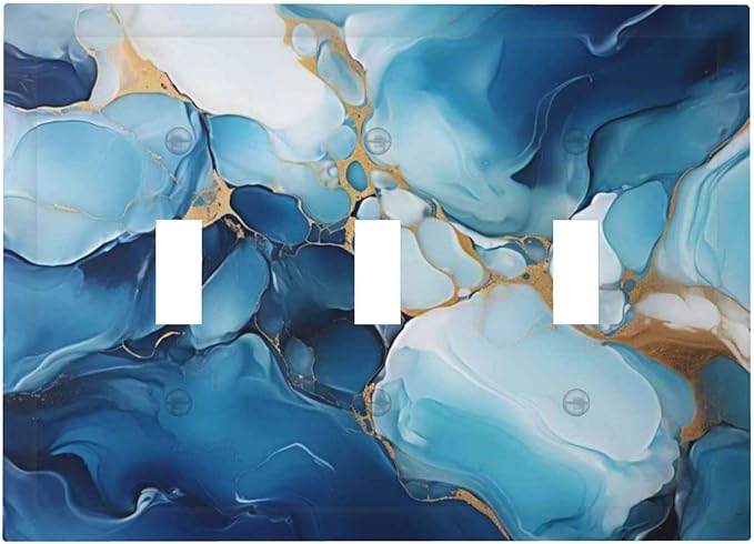 Decorative Light Switch Plate Covers Artistic Abstract Blue Marble Gold Line Painted 3 Gang Wall Plate Switch Cover Plate Triple Toggle Jumbo Electrical Faceplate for Bathroom Decor