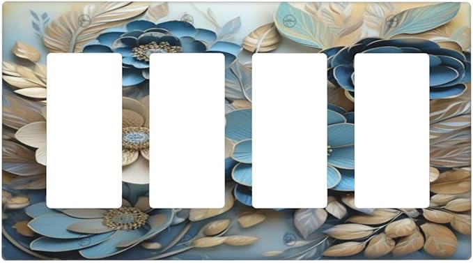 Decorative Art Light Switch Covers Blue and Creamy Floral 4 Gang Rocker Decora Outlet Covers Electrical Faceplate GFCI Wall Plate for Home Decor