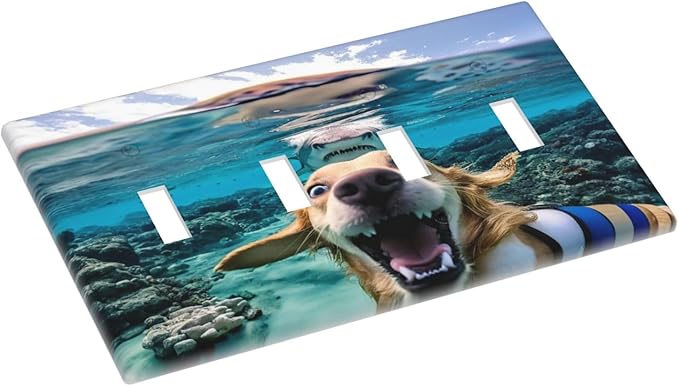 Decorative Light Switch Plate Covers Angry Shark Chased Funny Dog Underwater Sea 4 Gang Wall Plate Switch Cover Plate Quad Toggle Jumbo Electrical Faceplate for Bathroom Decor