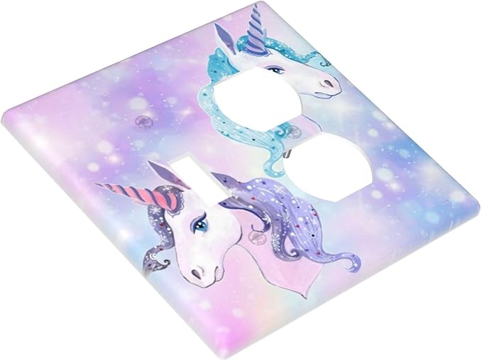 Rainbow Purple/Blue Unicorn 2-Gang 1-Toggle 1-Duplex Device Combination Wallplate Cute Funny Fantasy Animal Dreamy Nursery One Toggle Switch and One Duplex Receptacle Outlet Combo Light Switch Cover