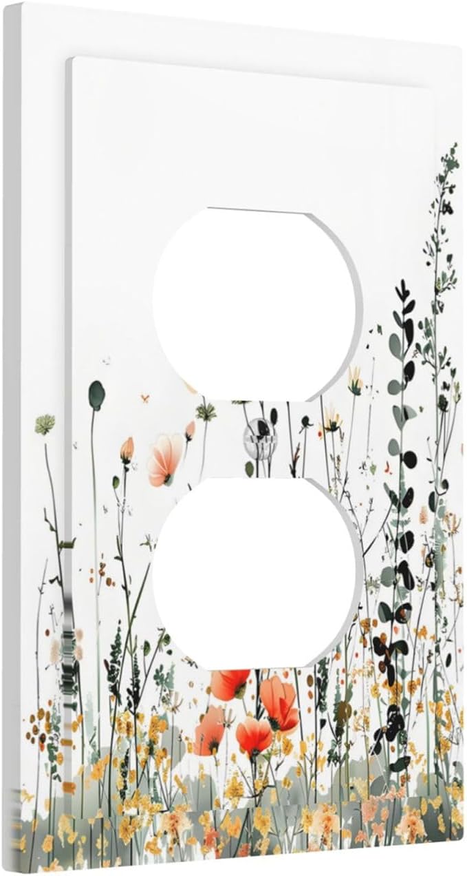Vintage Country Style Watercolor Leaves Wildflowers Floral Outlet Covers 1 Gang Duplex Light Switch Cover Decorative Switch Plates Electrical Receptacle Faceplate Wall Plate for Bedroom Living Room