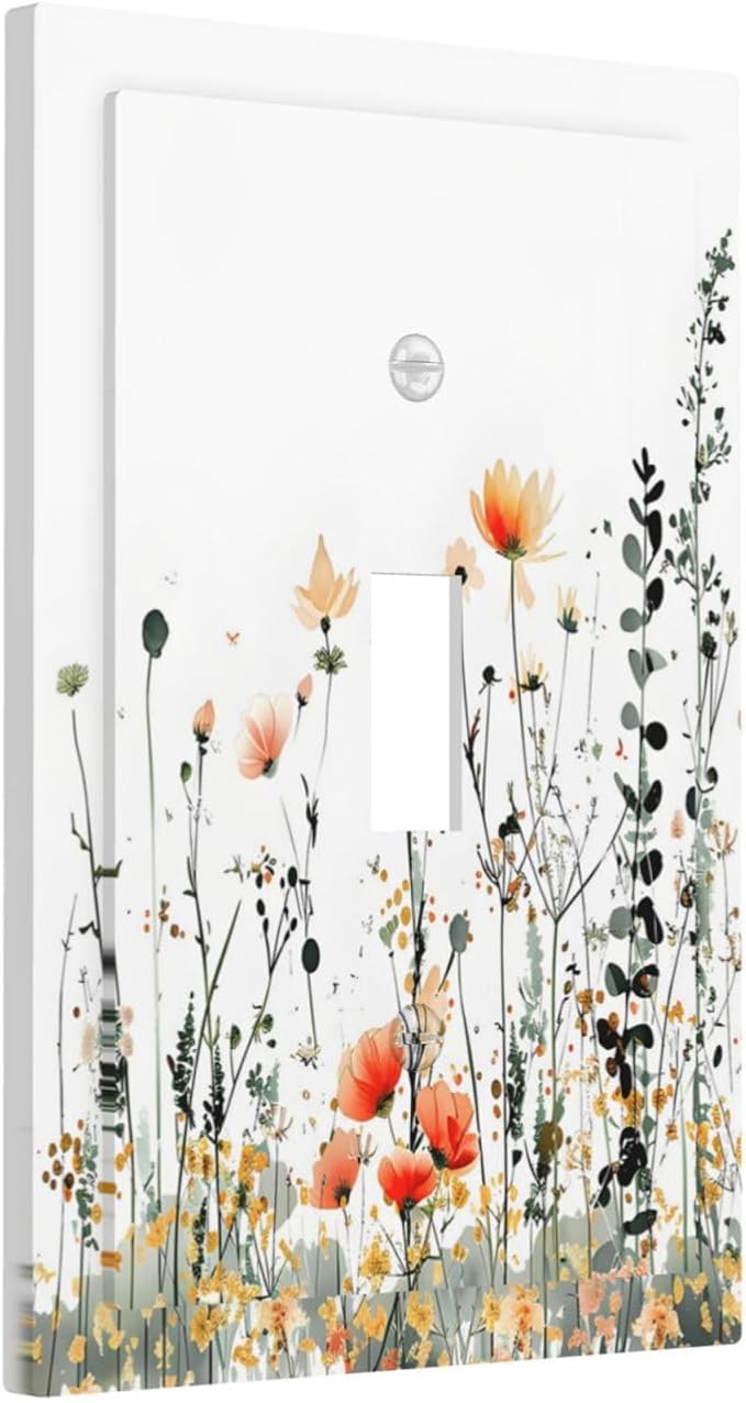 Vintage Country Style Watercolor Leaves Wildflowers Floral Decorative Light Switch Cover 1 Gang Single Toggle Device Electrical Faceplate Switchplates Decorator Outlet Wall Plate for Bedroom Home