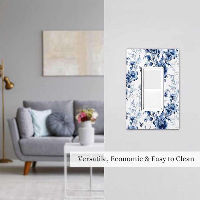 Blue Flower White Floral Plant Bird Butterfly Decorative Outlet Covers 1 Gang Single Rocker Light Switch Cover Plate Wall Plates GFCI Faceplate for Bedroom Living Room Decor